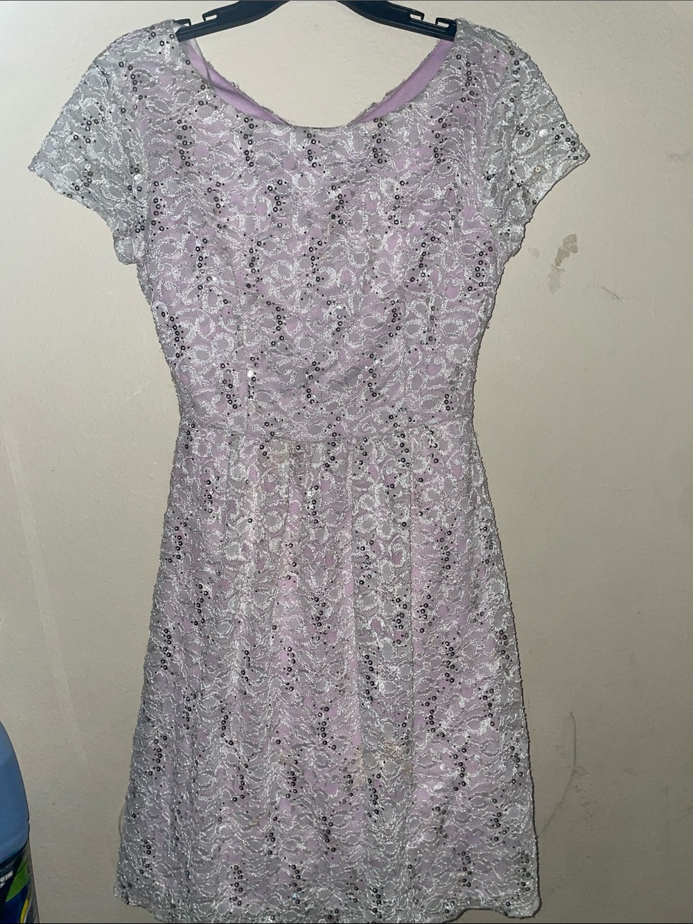 B. Smart Lace Sequin Short Sleeve Dress in Light Lavender Size 8